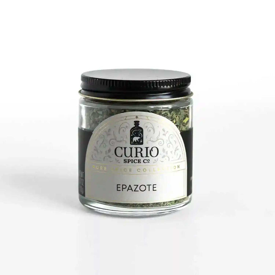 Jar of Zepazote, an earthy, savory herb that can help aid in digestion and reduce bloating.