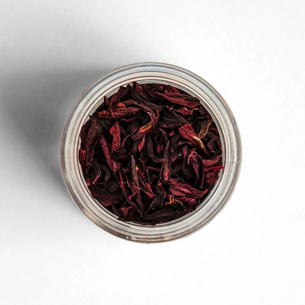 Top-down view of dried hibiscus petals.