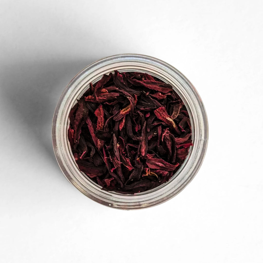 Top-down view of dried hibiscus petals.