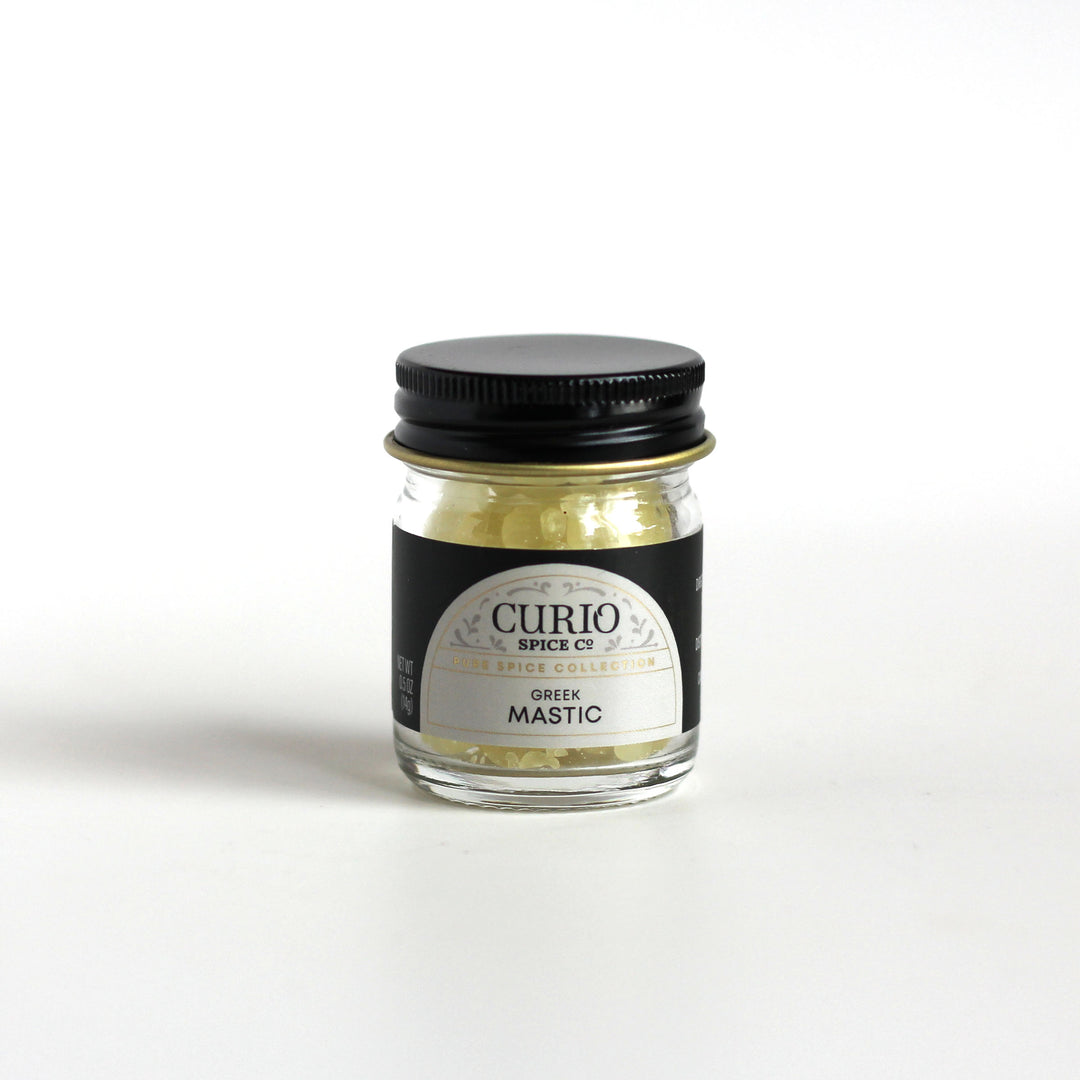 Curio Spice Co. fair-trade single origin sustainable Greek mastic tears in a glass jar.