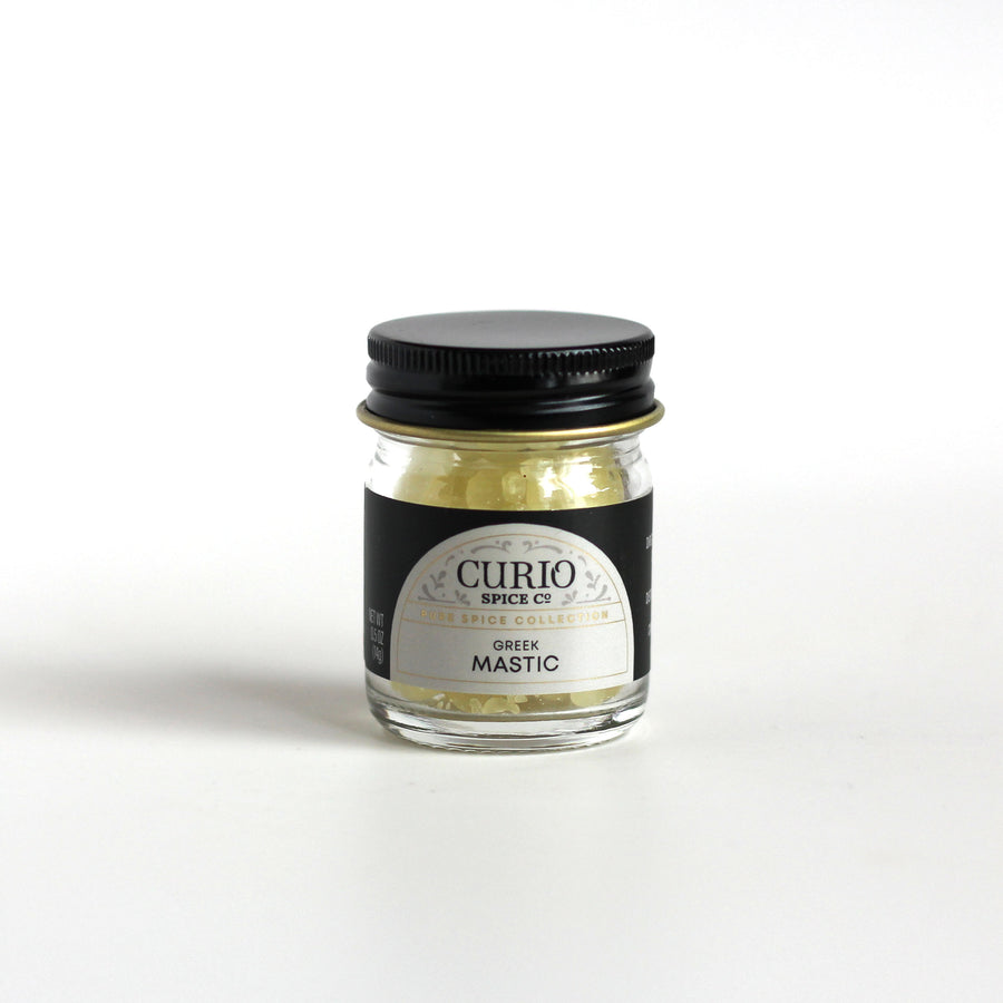 Curio Spice Co. fair-trade single origin sustainable Greek mastic tears in a glass jar.