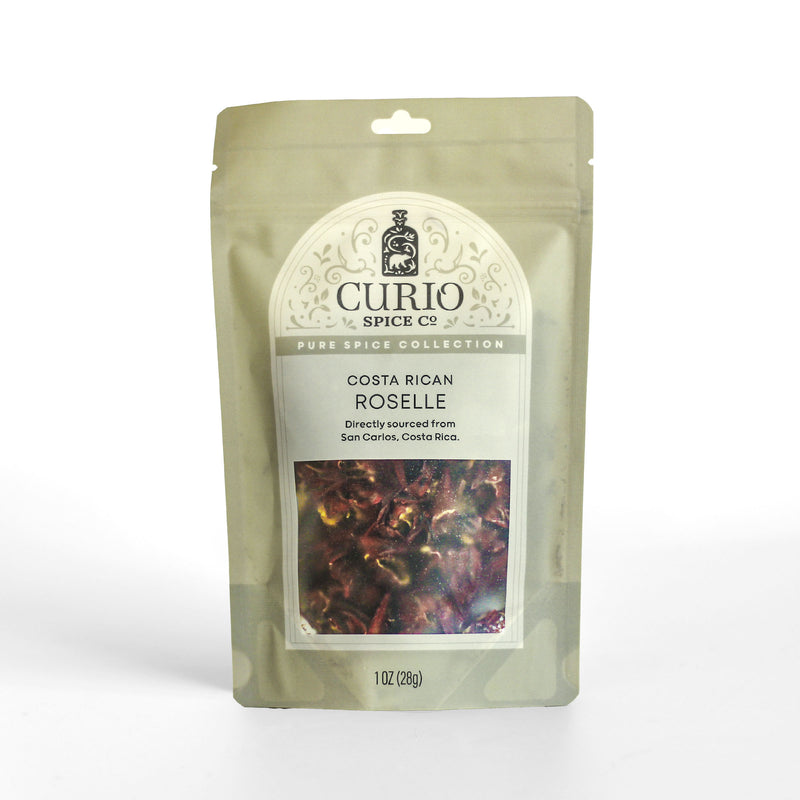 Curio Spice Co. fair-trade single origin sustainable Costa Rican Roselle in a resealable bag.