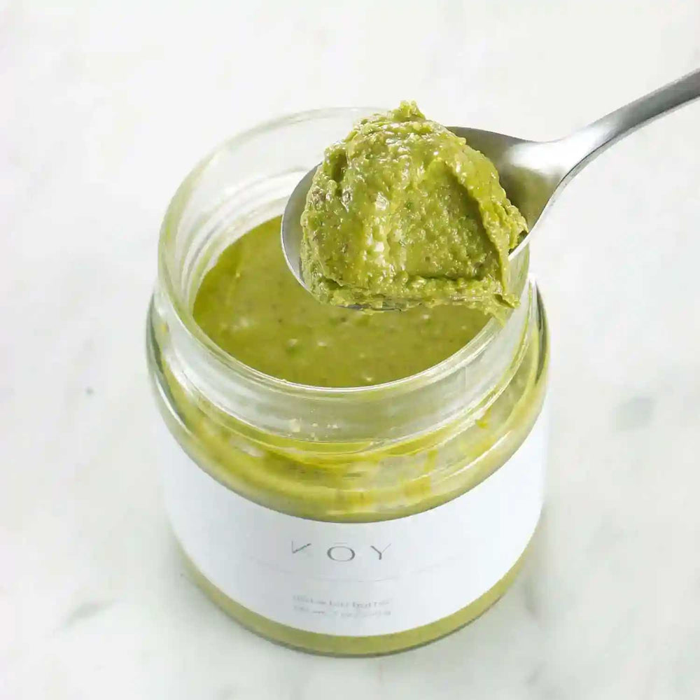 Koy Pantry Antep Pistachio Butter scooped with a spoon