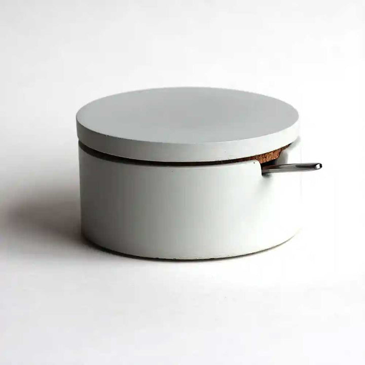Concrete Salt Cellar in white with a spoon in the jar