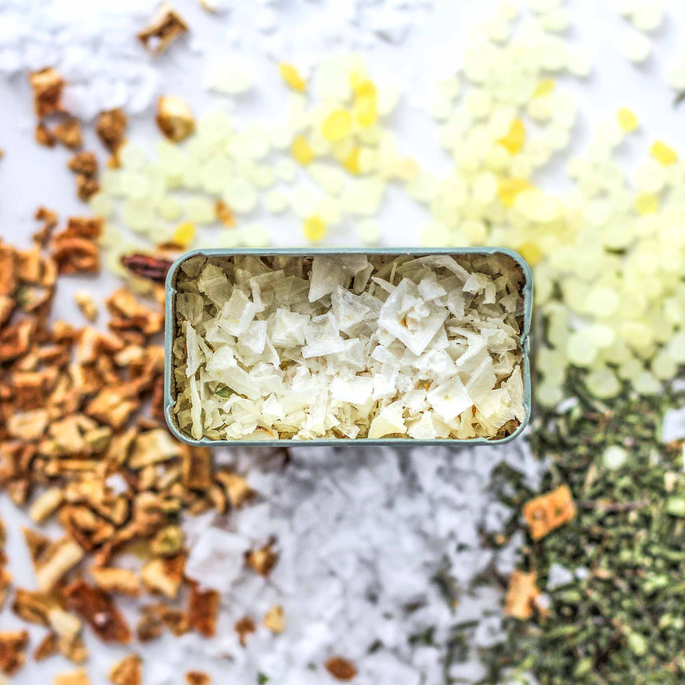 Top-down view of Aegean Salt made with Cyprus salt, lemon peel, mastic, and thyme.