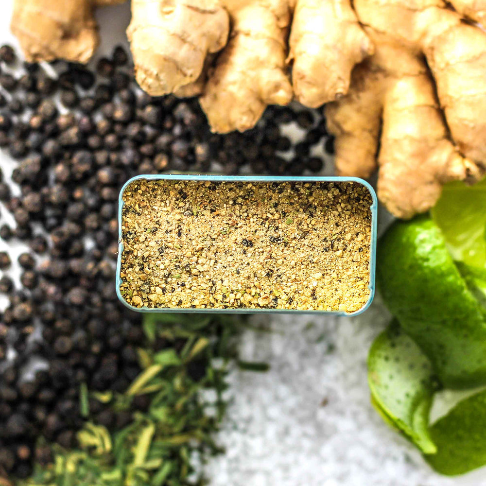 Top-down of Kampot and Salt, with Kampot pepper, Maine sea salt, ginger, and more.