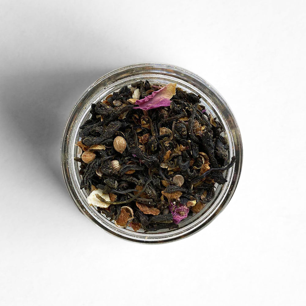 Top-down view of Yuzu Rose Tea.