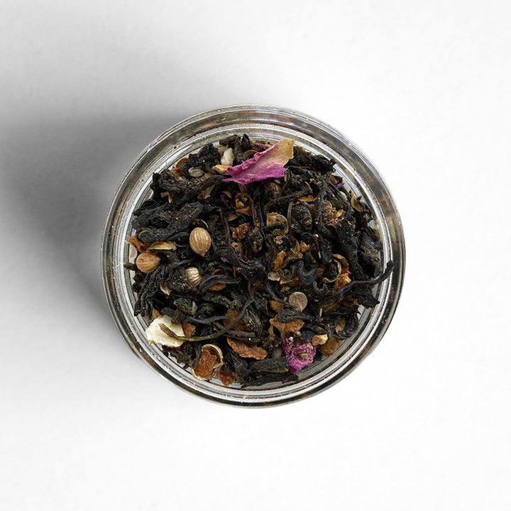 Top-down view of Yuzu Rose Tea.