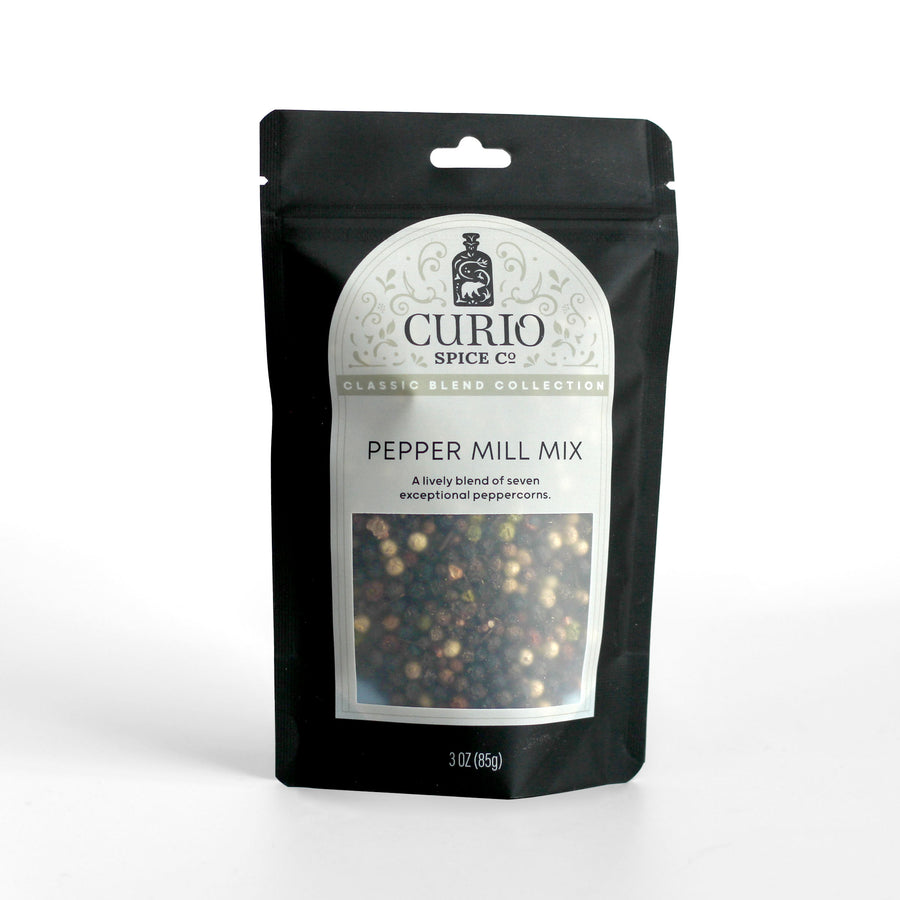 Resealable bag of Pepper Mill Mix, a lively blend of seven exceptional peppercorns.
