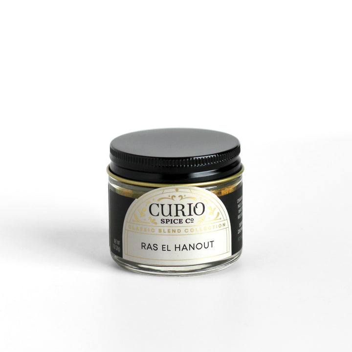 Curio Spice Co. Classic Blend Ras El Hanout in a glass jar.