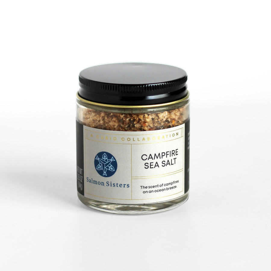 Glass jar of Campfire Sea Salt made in collaboration with Salmon Sisters.