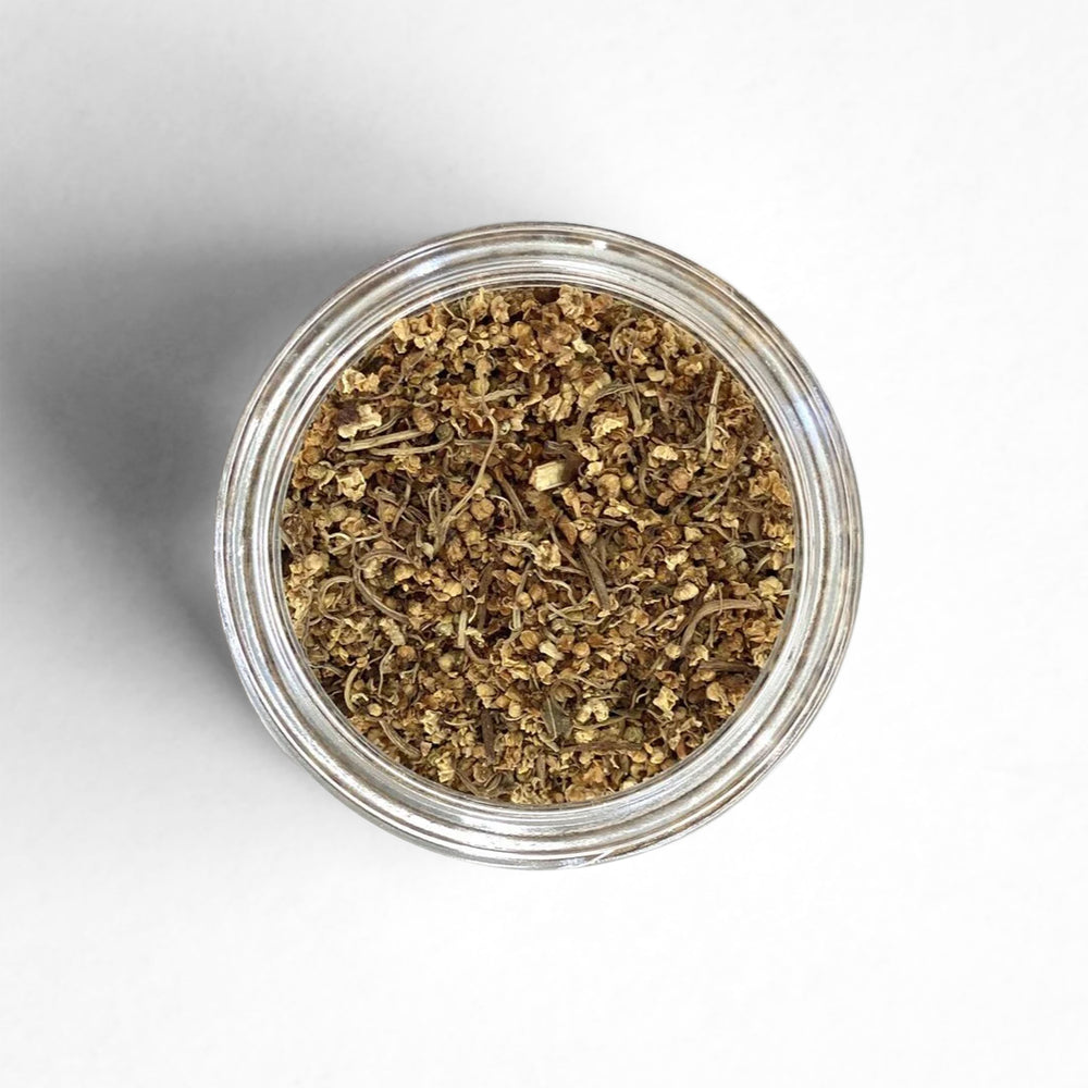 Top-down view of dried elderflower