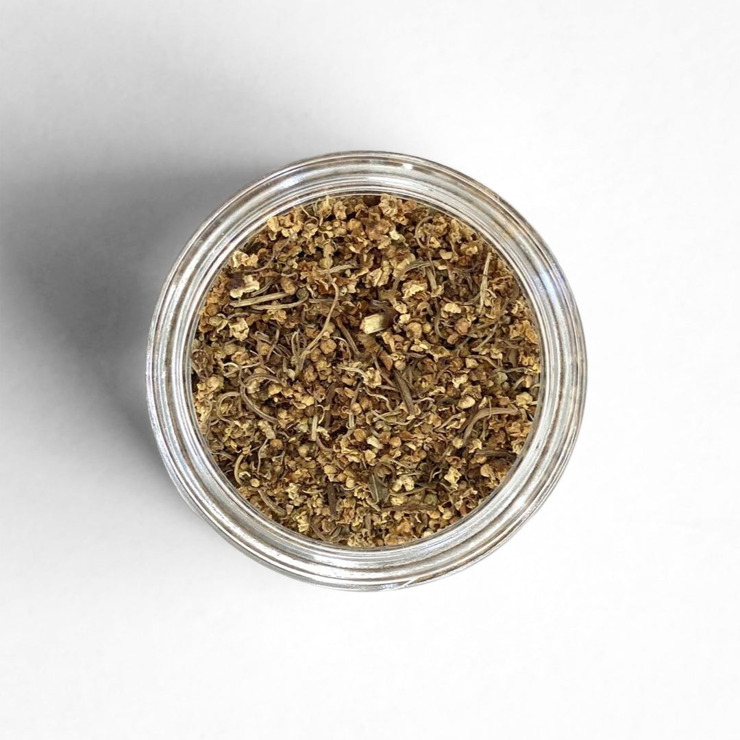 Top-down view of dried elderflower