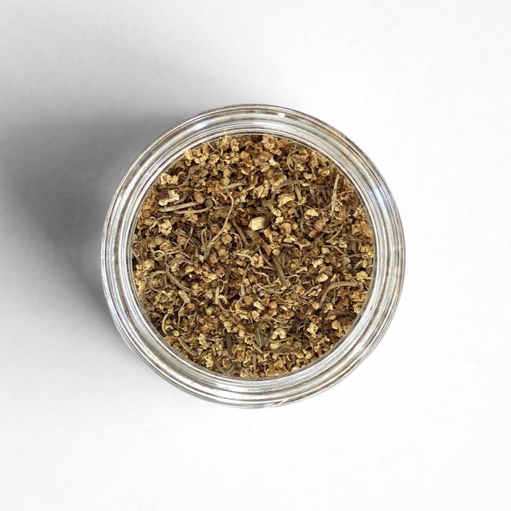 Top-down view of dried elderflower