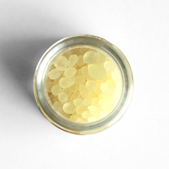Curio Spice Co. fair-trade single origin sustainable Greek mastic tears in a glass jar from above.