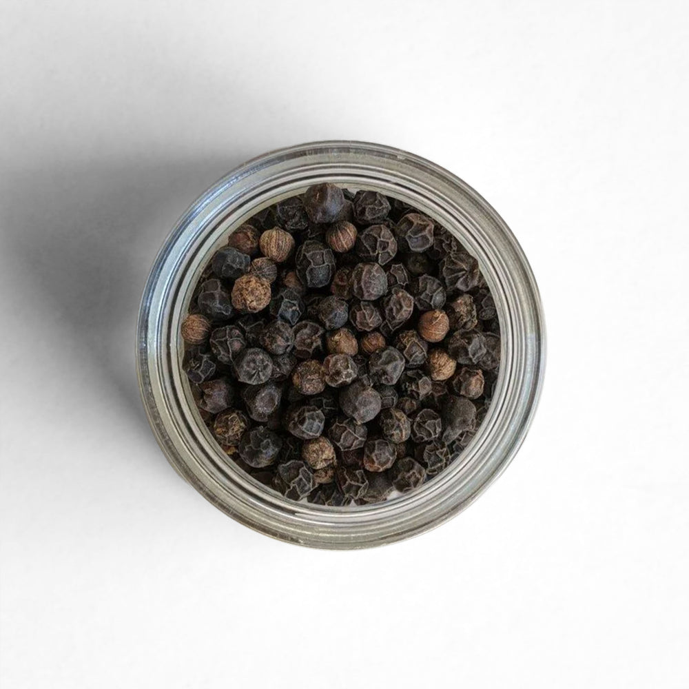 Top-down view of Madagascar Black Peppercorns