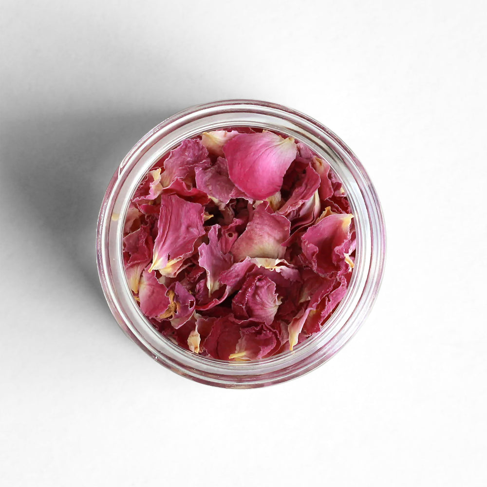 Top-down view of dried rose petals