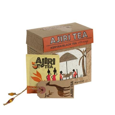 Ajiri Tea Kenyan Black Tea with a teabag and handmade bracelet on display.